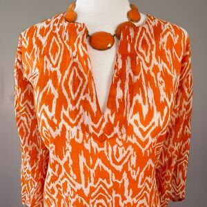 Women’s Tropical Orange + White Patterned Tunic, Light Tissue Cotton Size: L